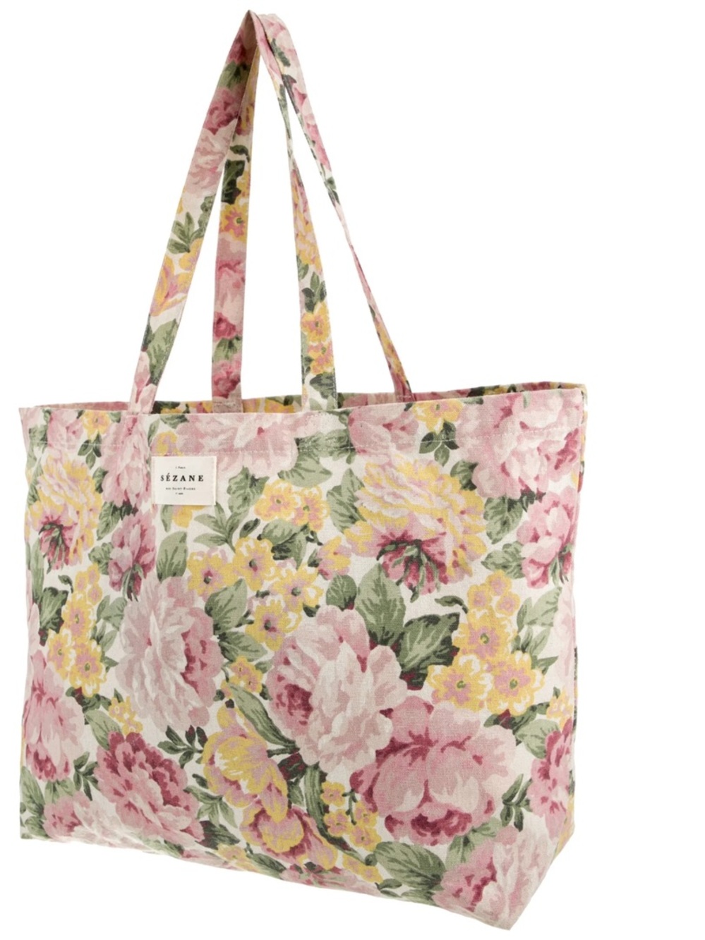 Sézane Floral Canvas Tote Bag London Bouquet Print Pink Green Shopper Bag